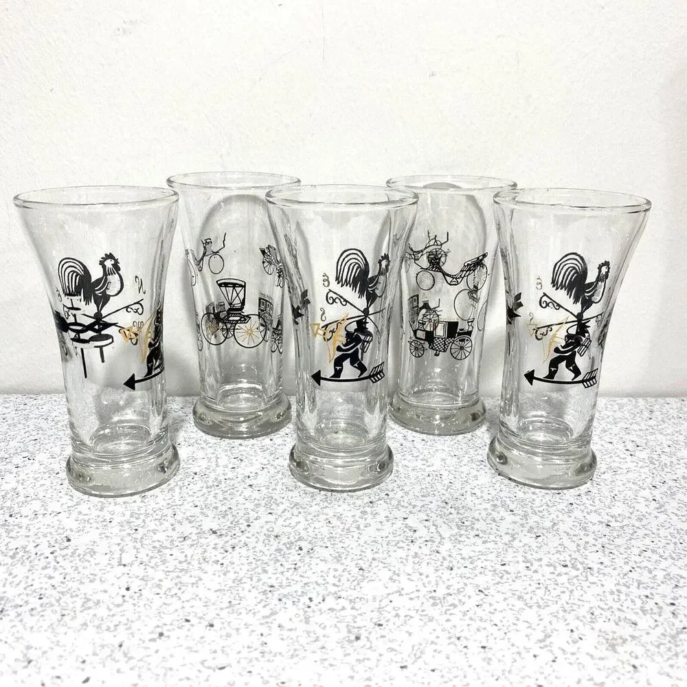 Vintage Juice Glasses Set (5) Retro Clear Glass & Black Gold Roosters Carriages